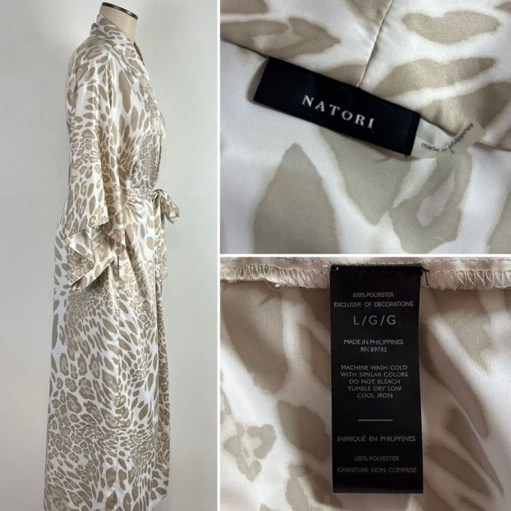 Natori Luxe Leopard Robe Kimono Size Large Tan Beige White Satin Animal Print - Picture 4 of 7